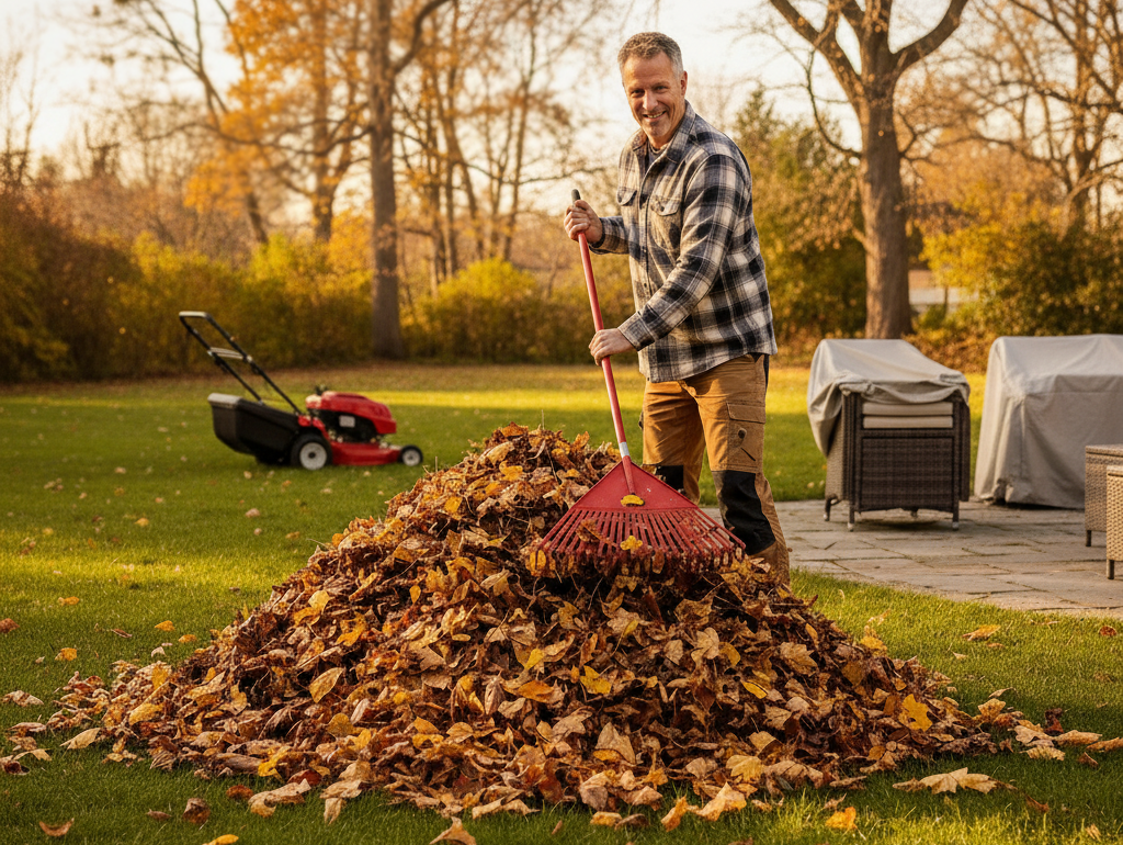 Man prepping for fall. doing things like raking leaves and coating furniture with Protecticoat.