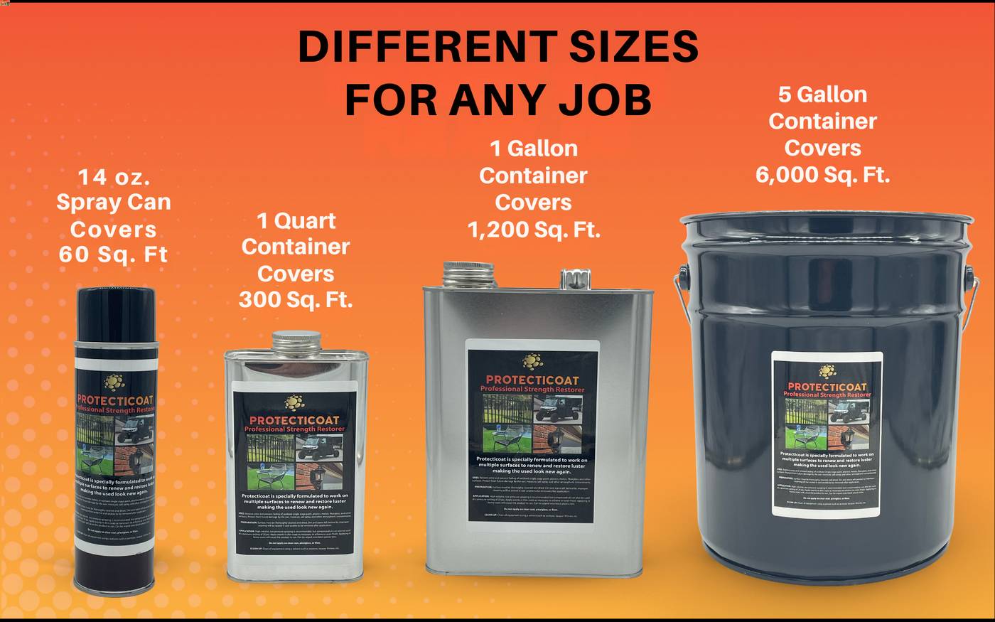 protecticoat in 14oz spray can, 1 quart container, 1 gallon container, 5 gallon bucket